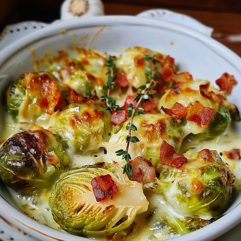 Cheesy Bacon Brussels Sprouts Au Gratin topped with crispy bacon