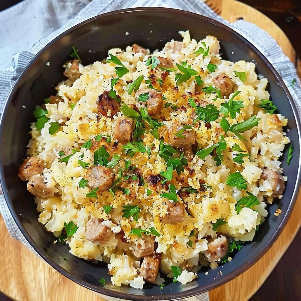 Delicious cheesy cauliflower rice with sausage served in a bowl.