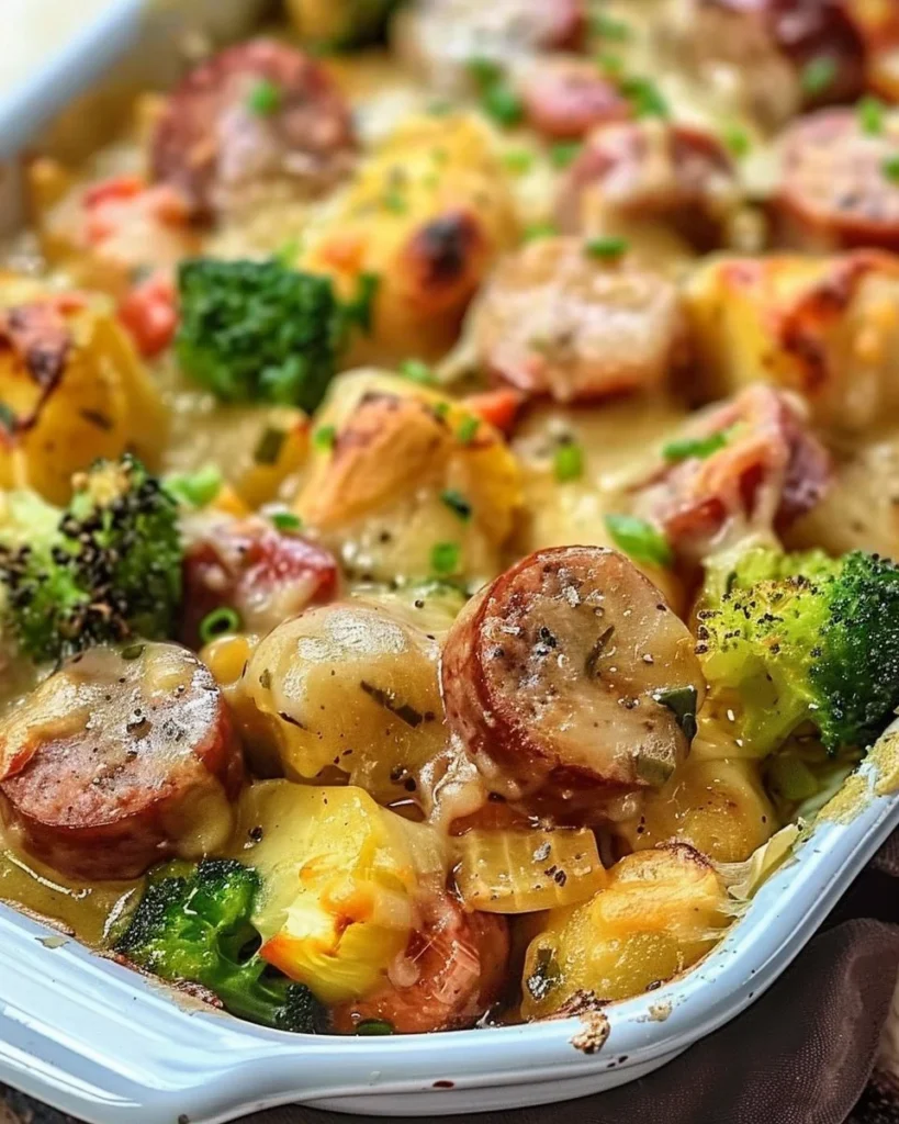 Delicious cheesy sausage casserole with colorful veggies baked in a creamy dish