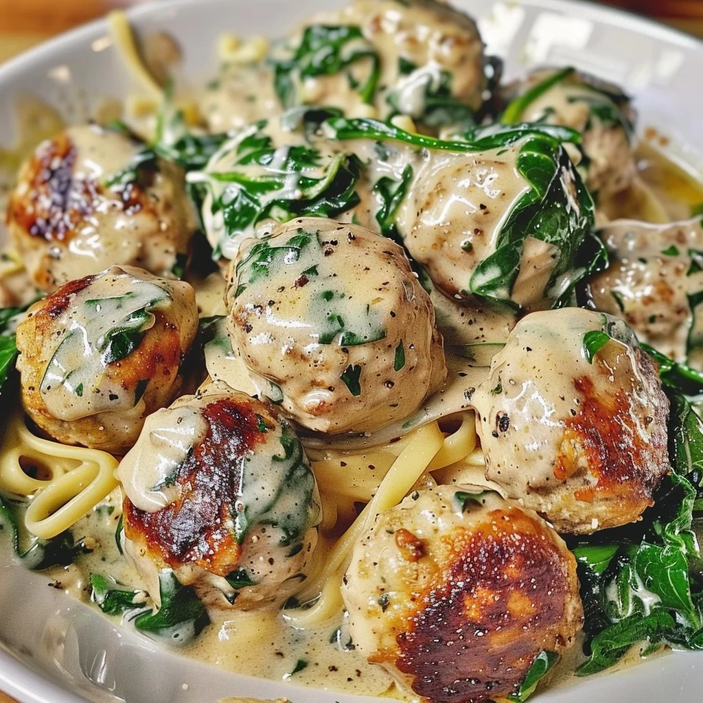 Chicken meatballs served in spinach Alfredo sauce, garnished with herbs.