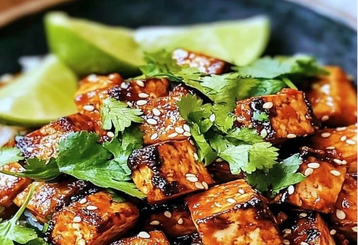 Chili Crisp Roasted Tofu Bowl with vegetables and herbs in a serving dish