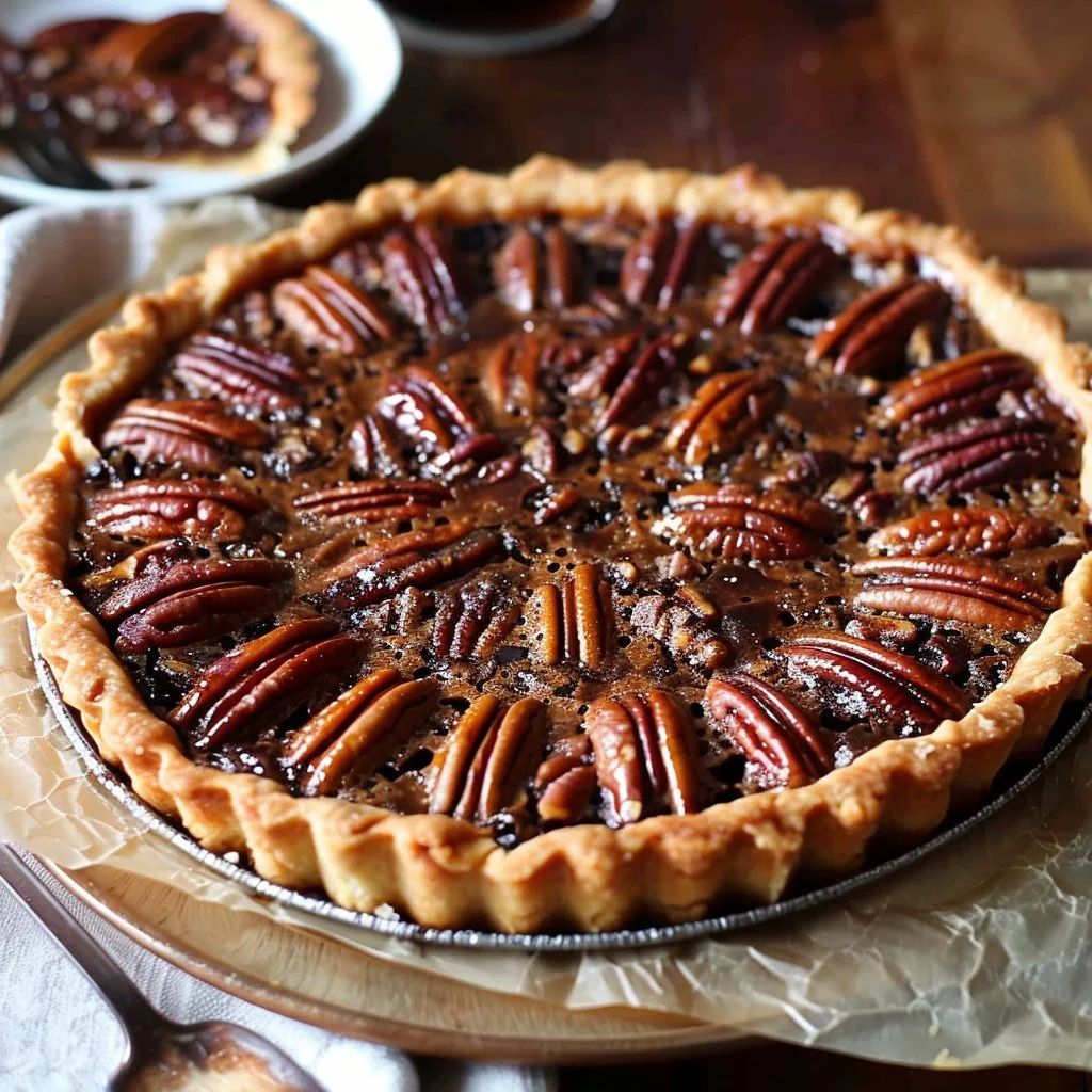 Delicious Chocolate Bourbon Pecan Tart topped with pecans and chocolate drizzle.