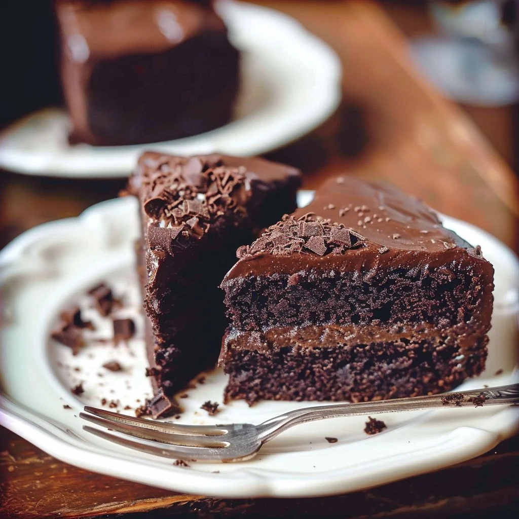 Delicious homemade Chocolate Fudge Cake topped with creamy chocolate frosting
