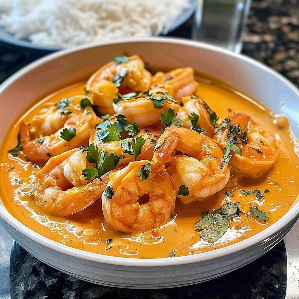 Delicious coconut curry shrimp served with rice and fresh herbs