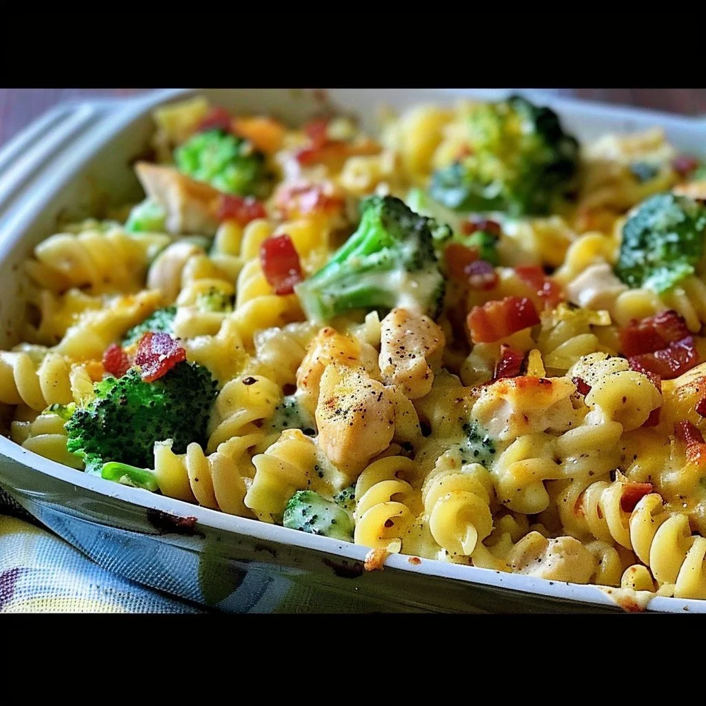 Creamy broccoli bacon chicken pasta casserole dish served in a bowl