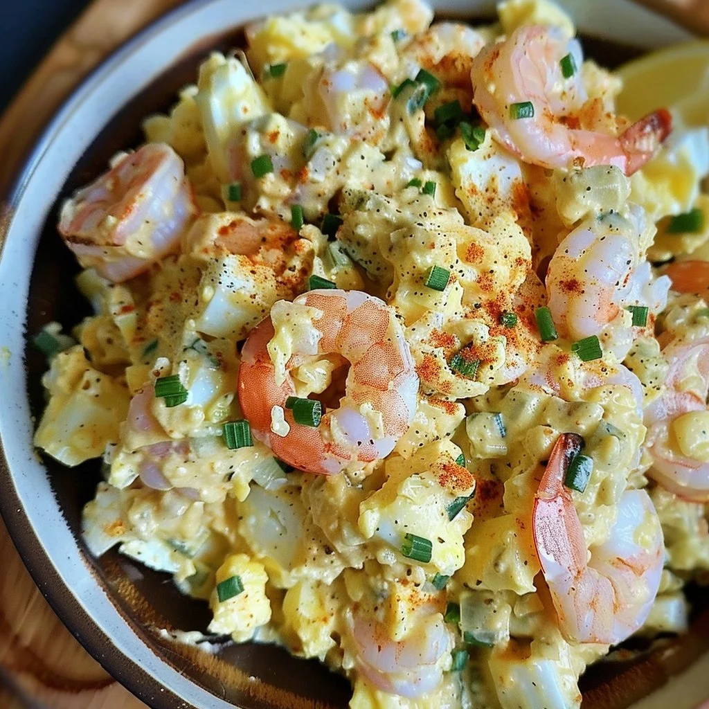 Creamy Old Bay egg salad with shrimp served in a bowl