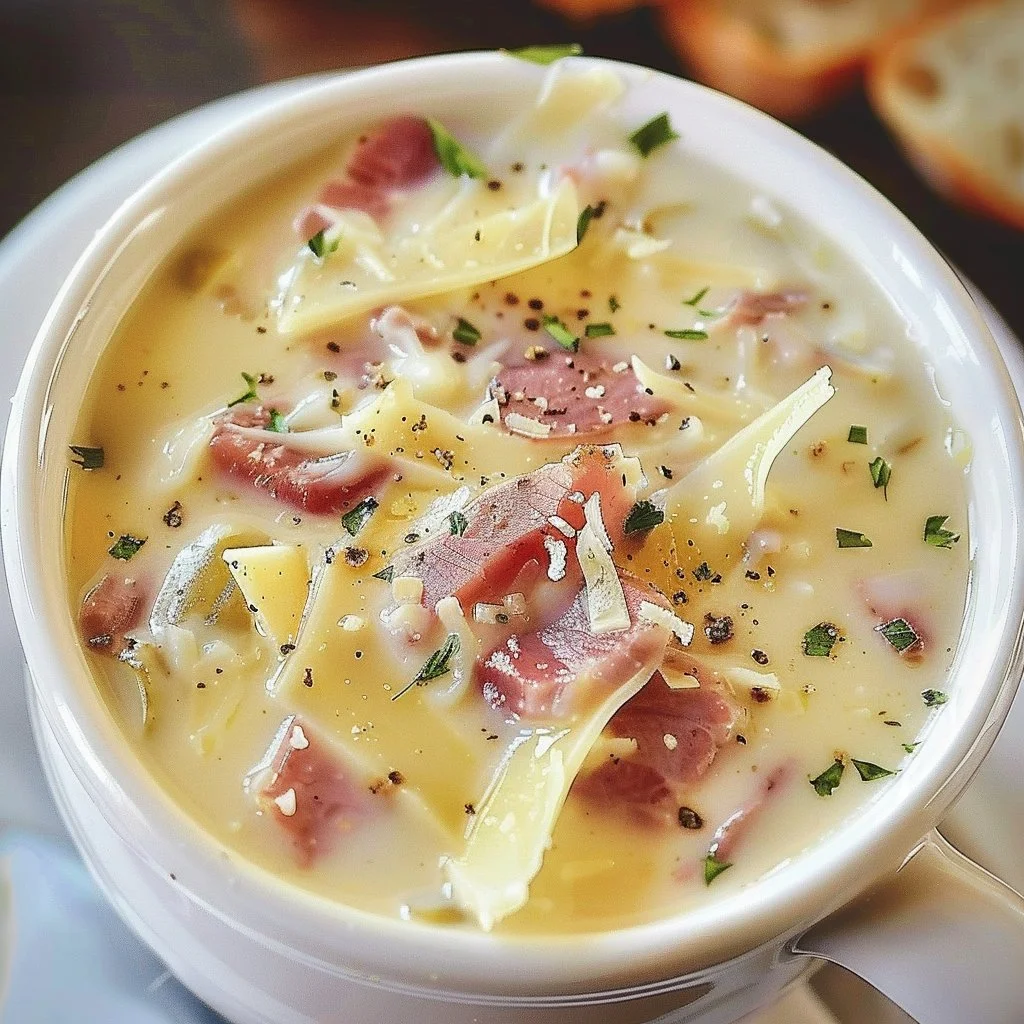 Bowl of creamy Reuben soup with toppings, showcasing rich flavors and ingredients.