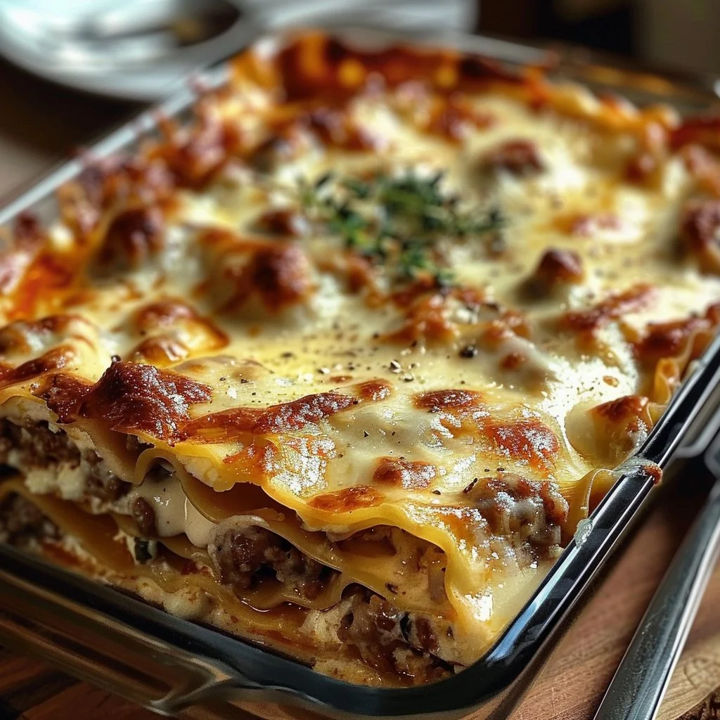 Creamy ricotta and sausage lasagna with layers of pasta and rich sauce
