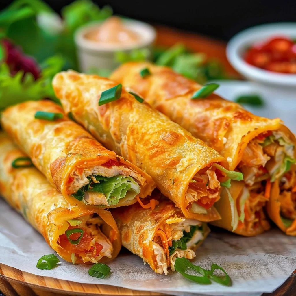 Crispy chicken taco roll ups served on a plate with fresh toppings