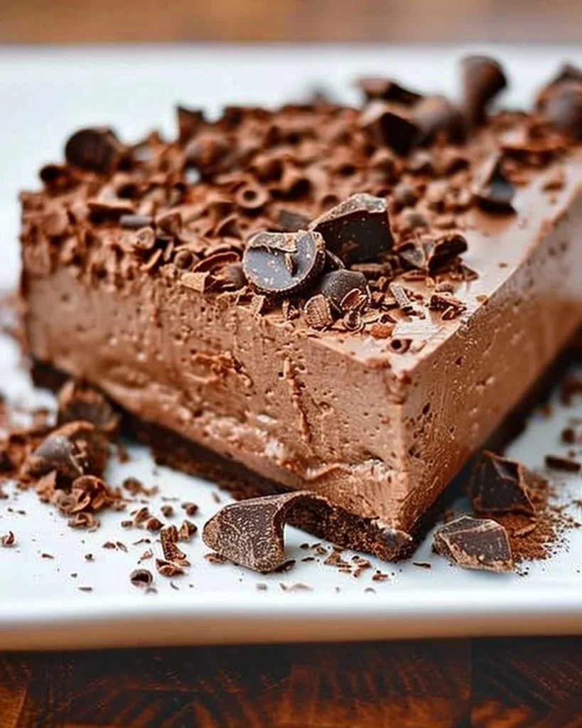 Delicious Death By Chocolate No Bake Cheesecake topped with chocolate shavings
