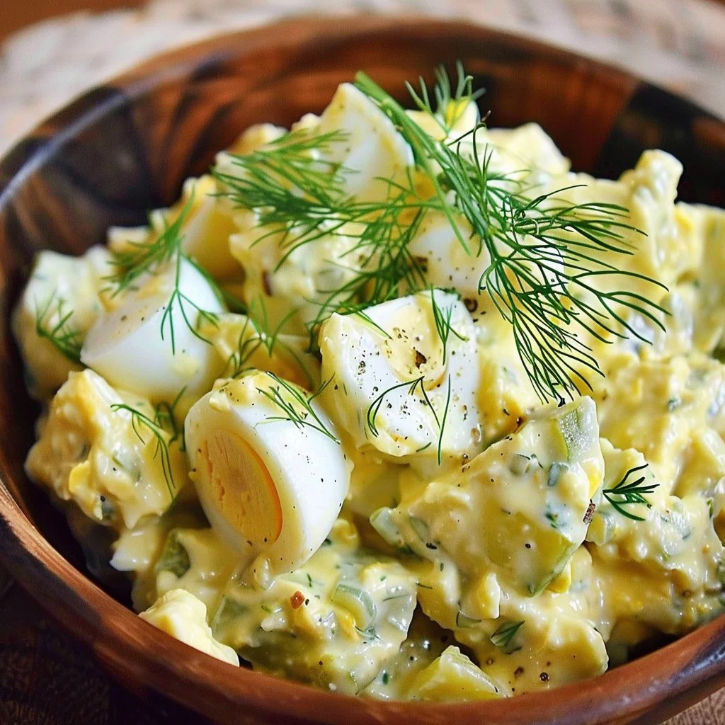 Dill Pickle Egg Salad served in a bowl with fresh herbs