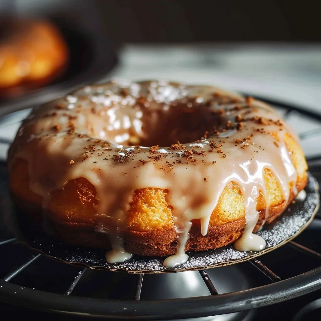 Doughnut Cake with Spiced Glaze topped with icing and sprinkles