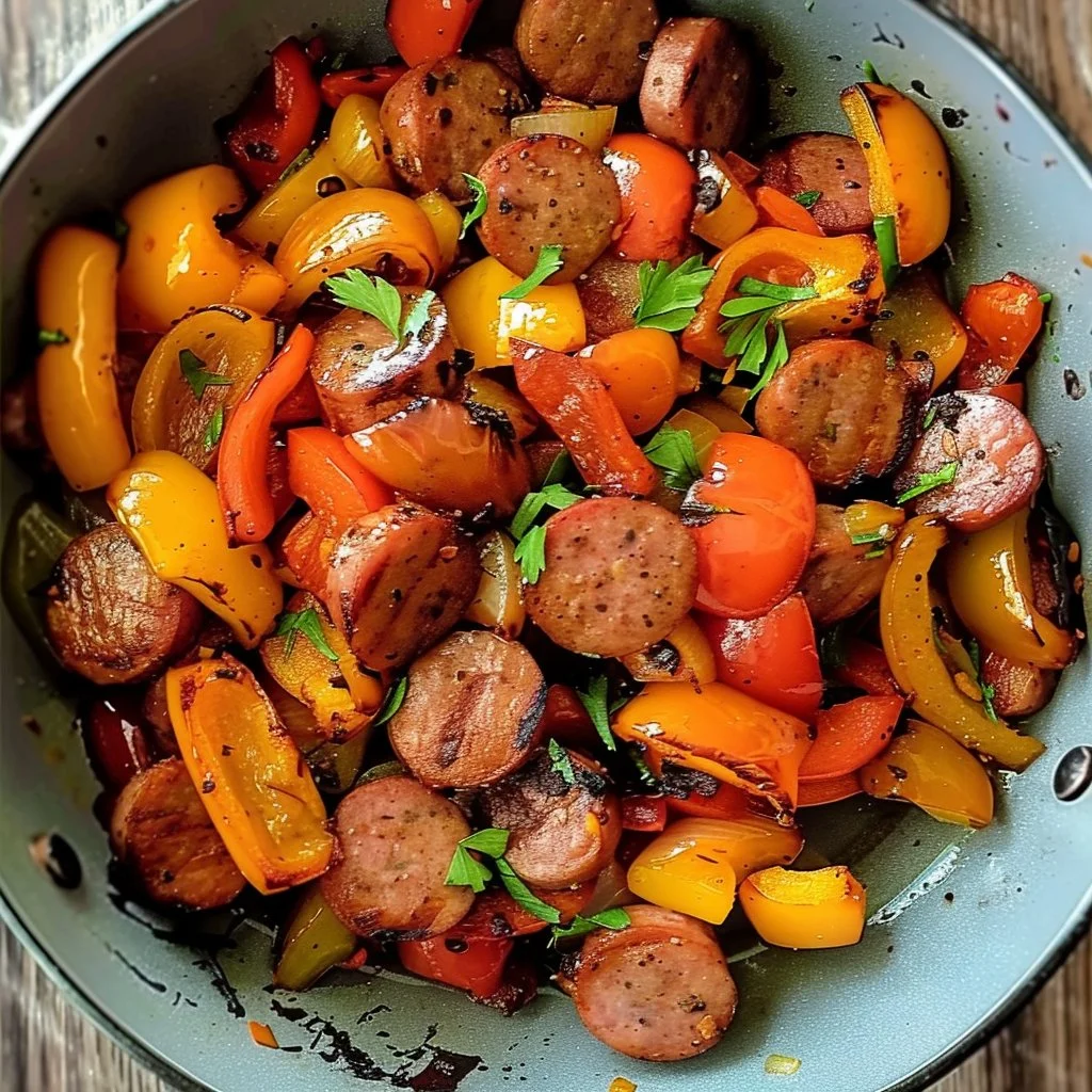 Delicious air fryer chicken sausage with colorful peppers dish