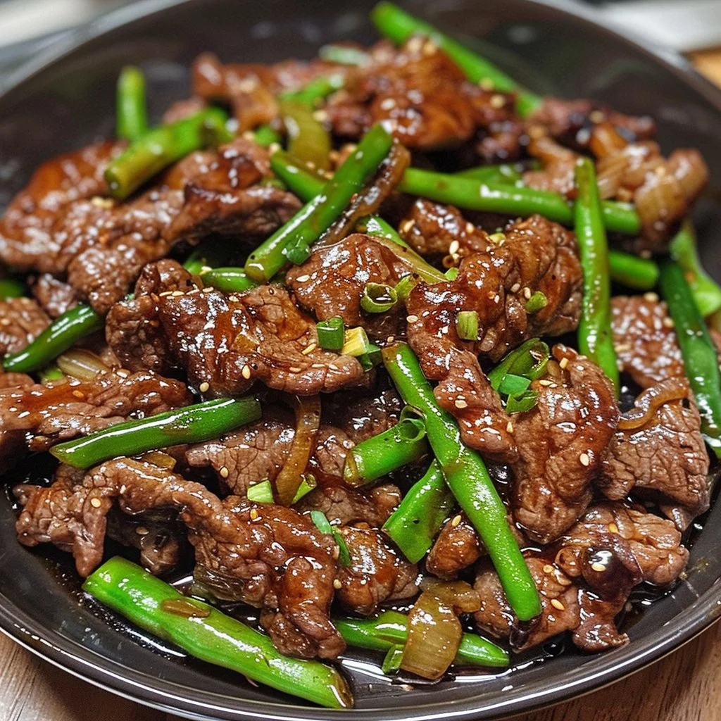 Easy air fryer Mongolian beef dish garnished with green onions.