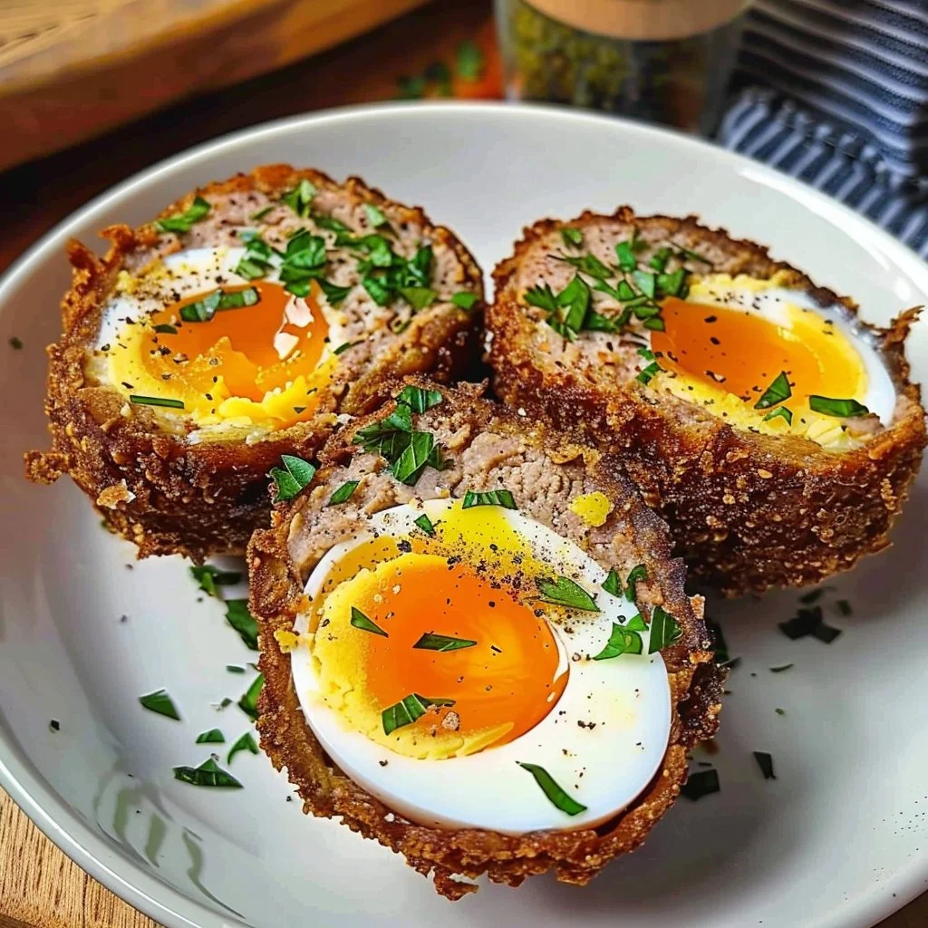 Delicious air fryer Scotch eggs served on a plate with dipping sauce.
