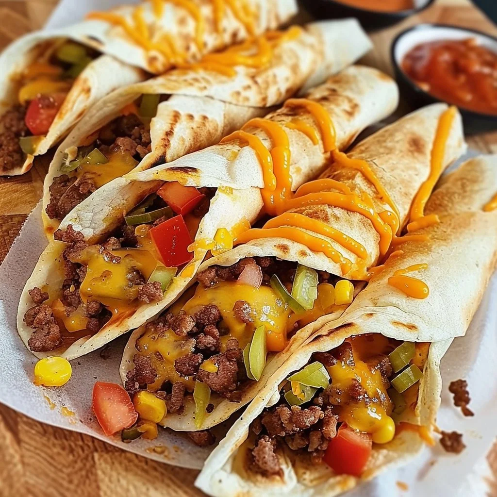 A delicious cheeseburger tortilla wrap with lettuce, tomato, and cheese.