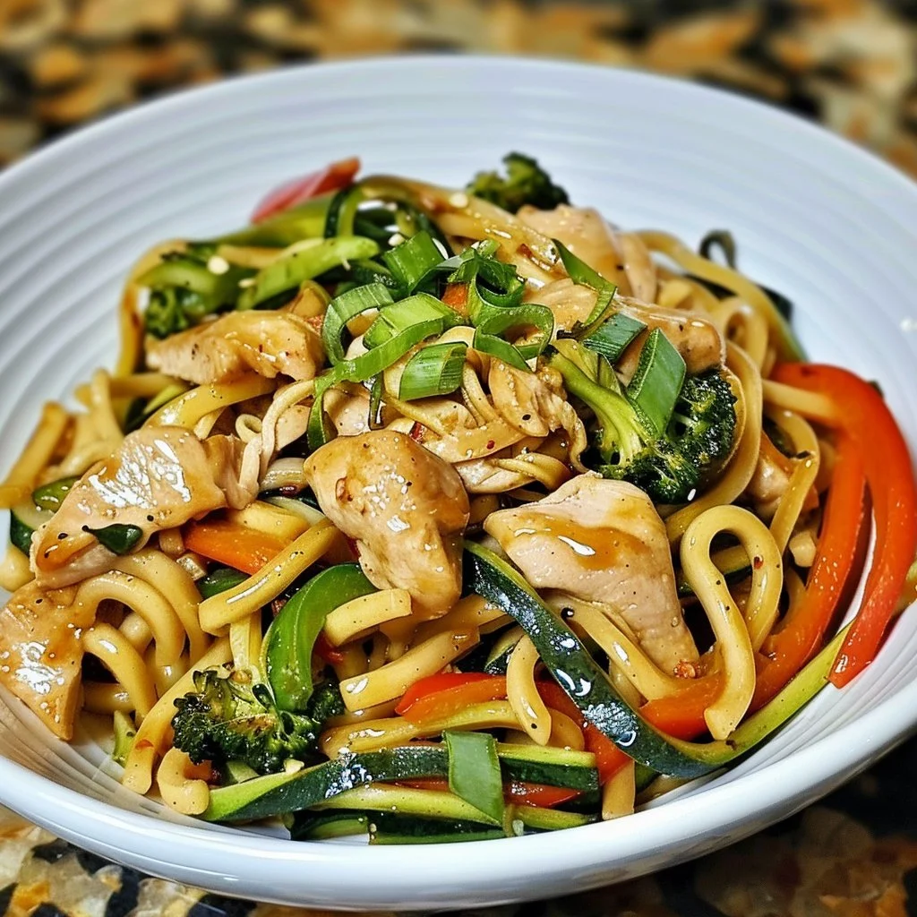 Easy chicken zoodle lo mein dish with spiralized zucchini noodles and chicken