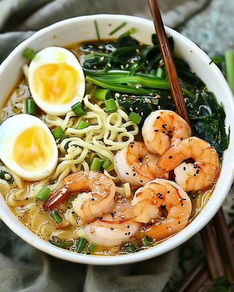 Creamy miso shrimp ramen topped with shrimp, scallions, and a soft-boiled egg