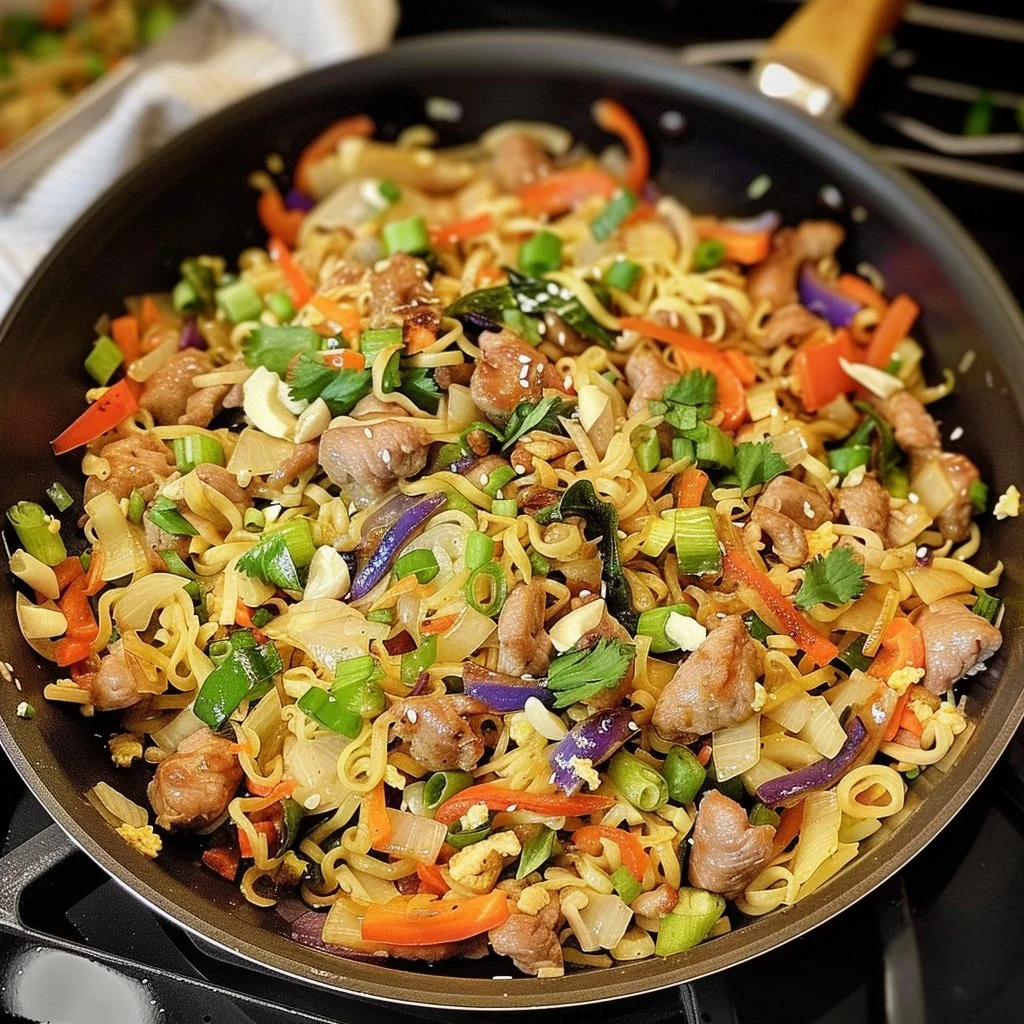 Easy egg roll stir fry with colorful vegetables in a skillet