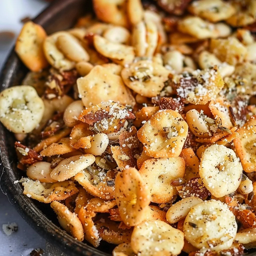 Bowl of Easy Parmesan Crisp Snack Mix with cheese crisps and nuts