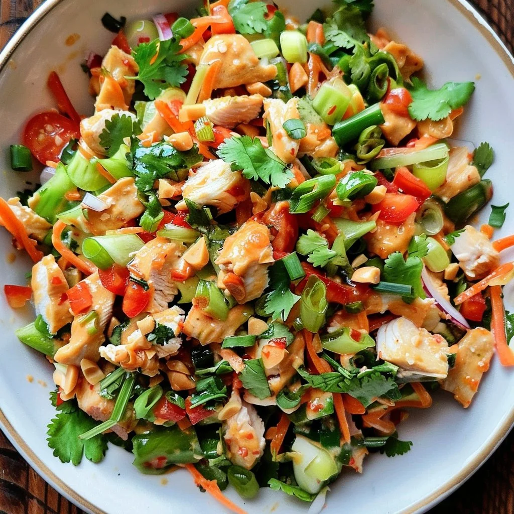 Delicious Easy Thai Peanut Chicken Salad with fresh vegetables and peanut dressing