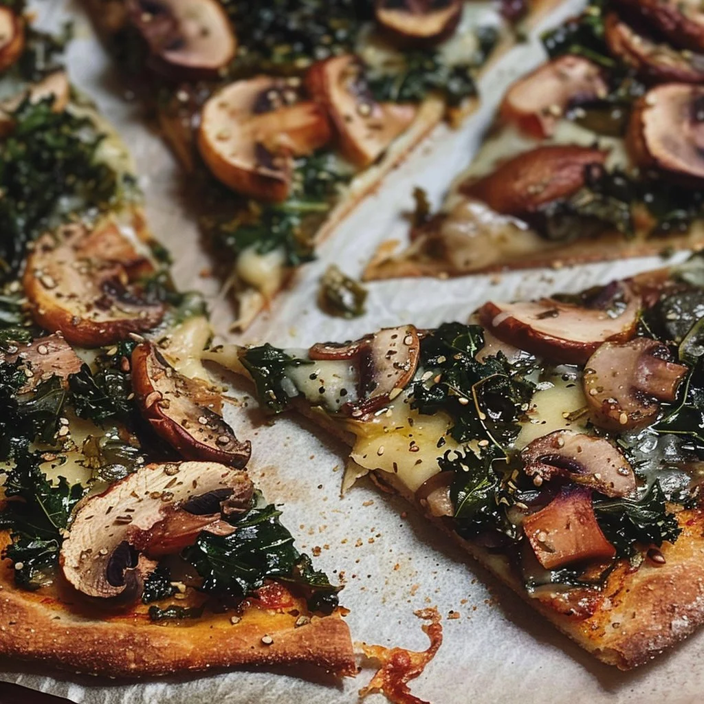 Easy vegan kale and mushroom pizza, healthy plant-based recipe.