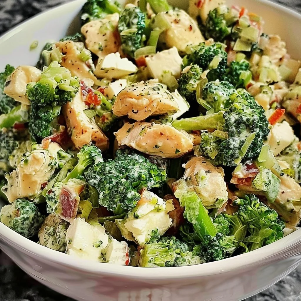 Delicious Feta Broccoli Chicken Salad with fresh ingredients in a bowl