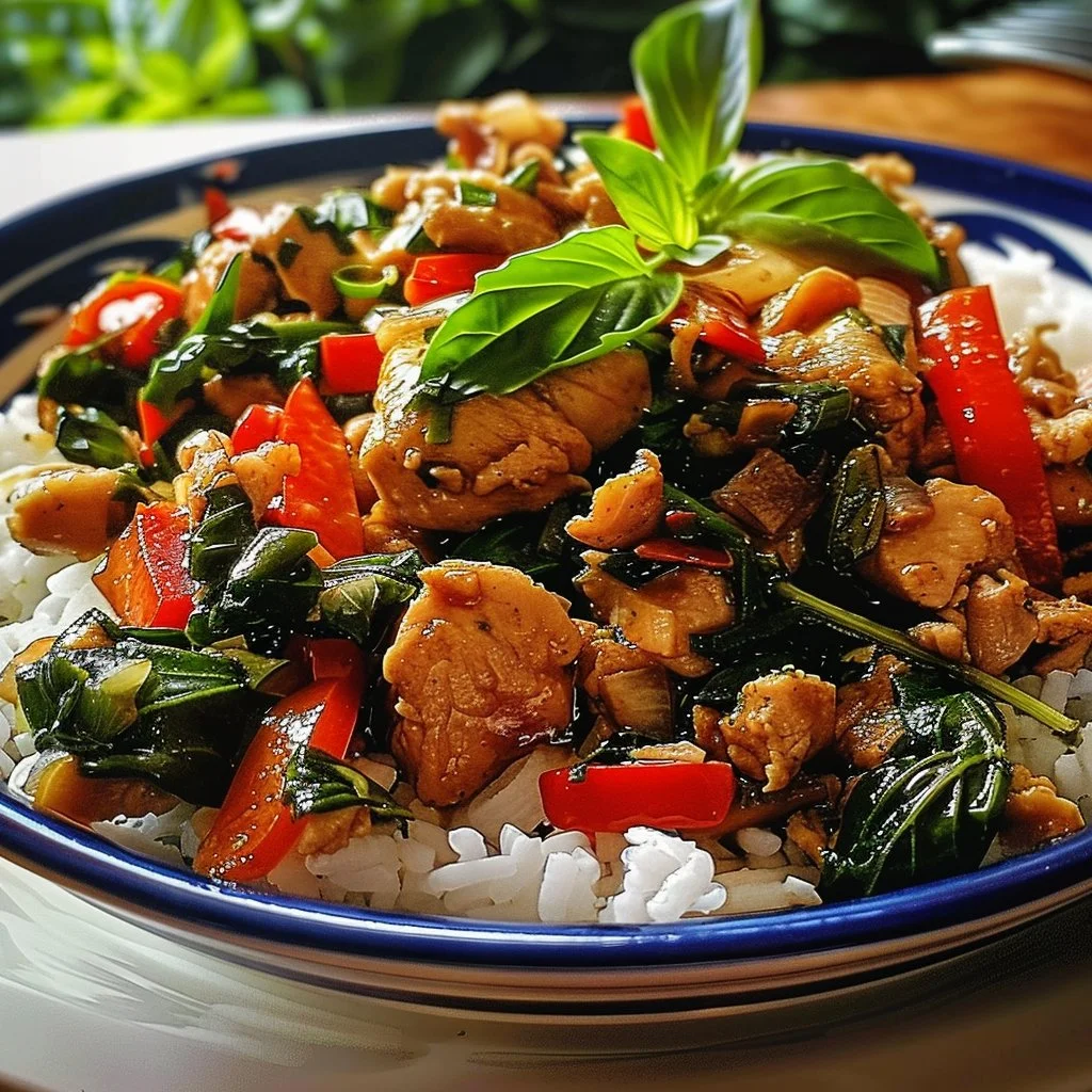 Delicious Thai Basil Turkey Stir Fry served in a bowl with vibrant vegetables.