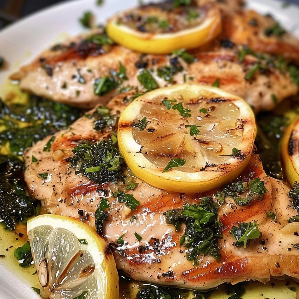 Grilled lemon garlic chicken piccata with capers and fresh parsley