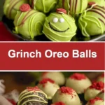 Festive Grinch Oreo Balls made with Red Velvet Oreos for holiday celebrations.