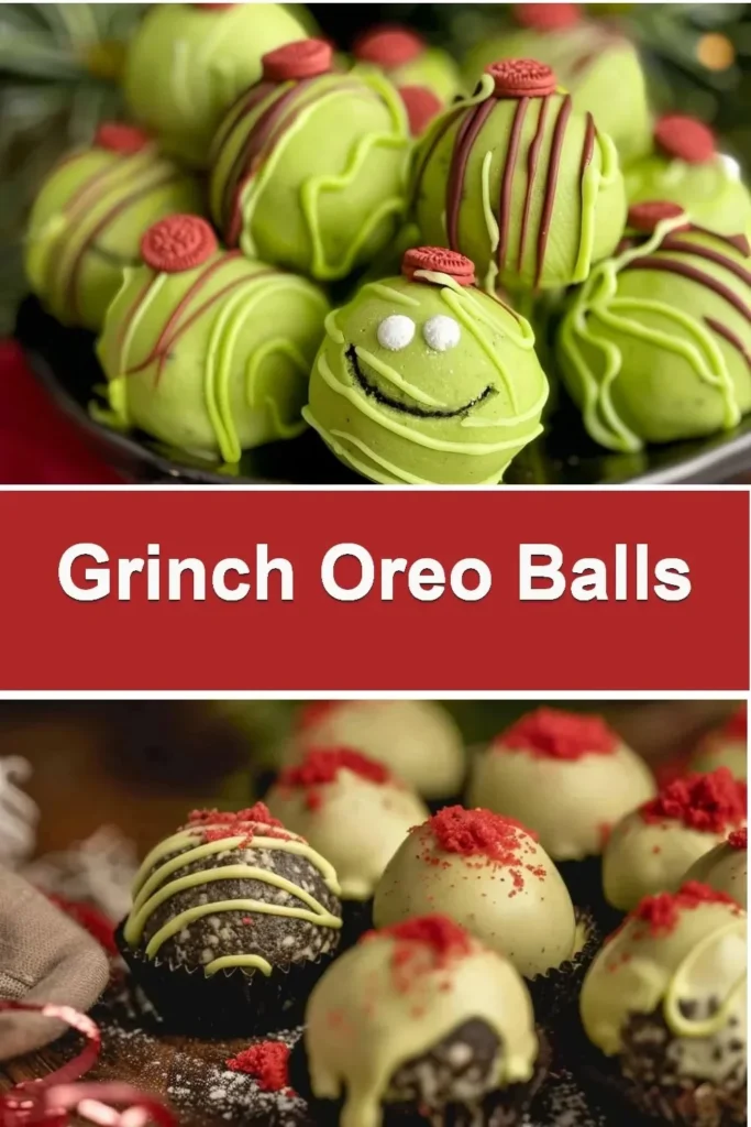 Festive Grinch Oreo Balls made with Red Velvet Oreos for holiday celebrations.