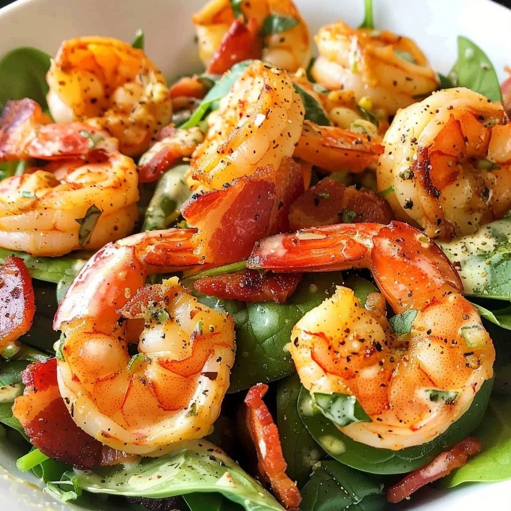 Healthy Bacon Ranch Shrimp Salad with spinach and creamy dressing