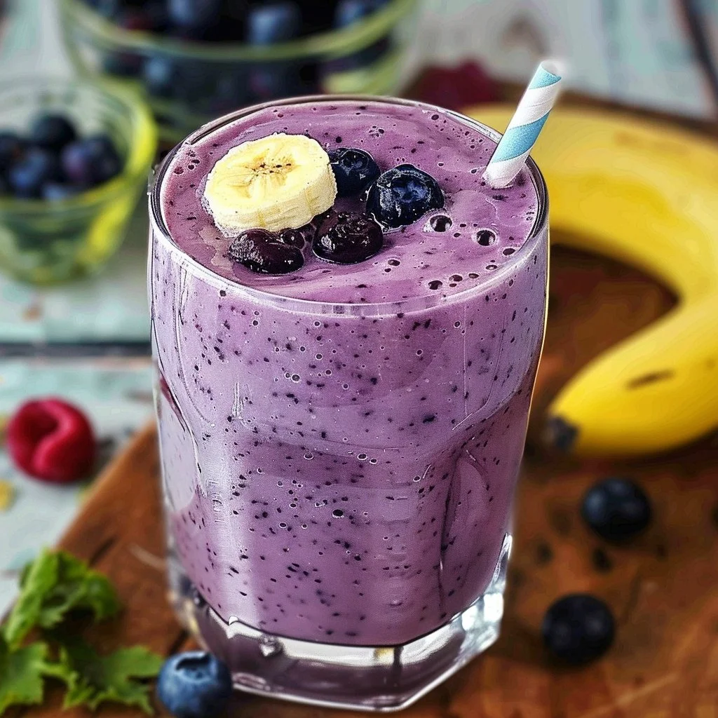 Healthy banana blueberry smoothie with fresh fruits in a glass