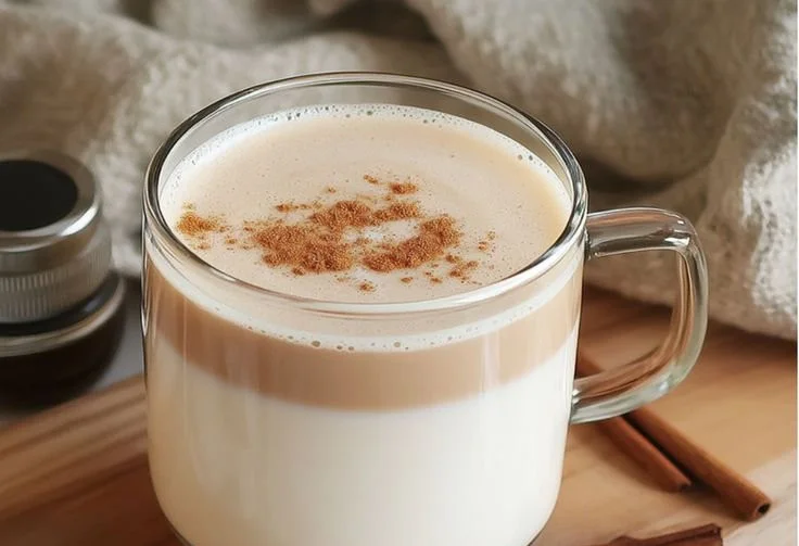 A cup of homemade spiced vanilla chai tea with spices and vanilla beans