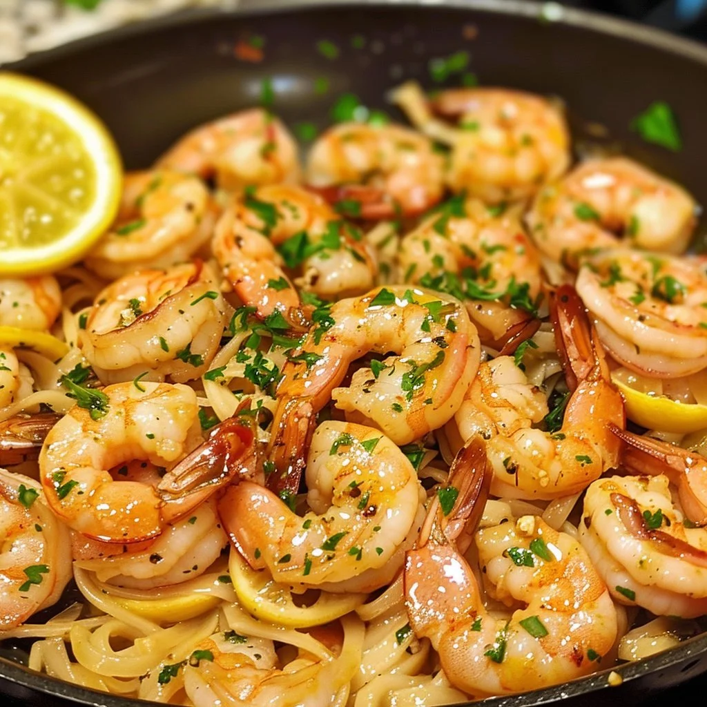 Plate of low carb shrimp scampi with garlic and herbs