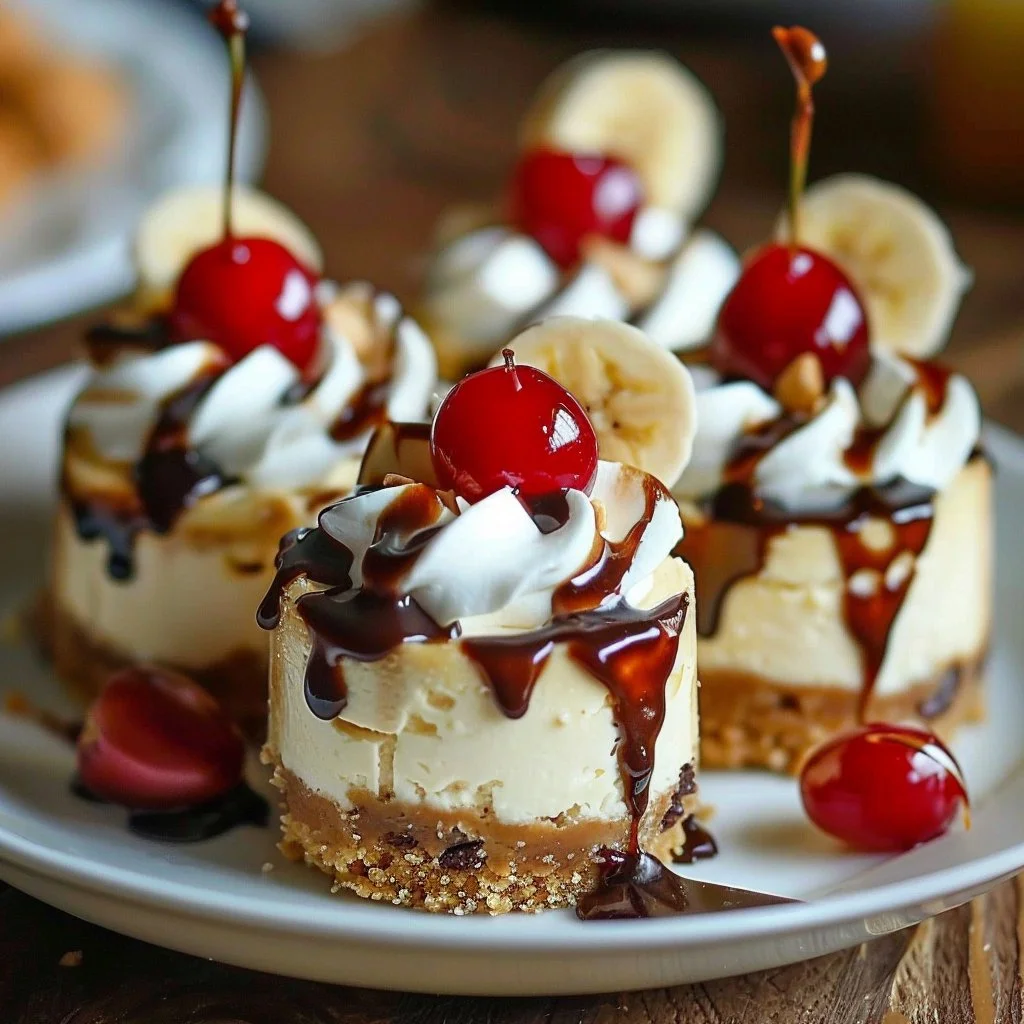 Mini Banana Split Cheesecakes topped with cherries and whipped cream