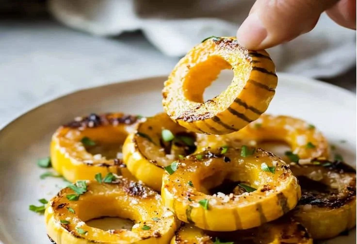 Miso roasted delicata squash rings garnished and ready to serve.