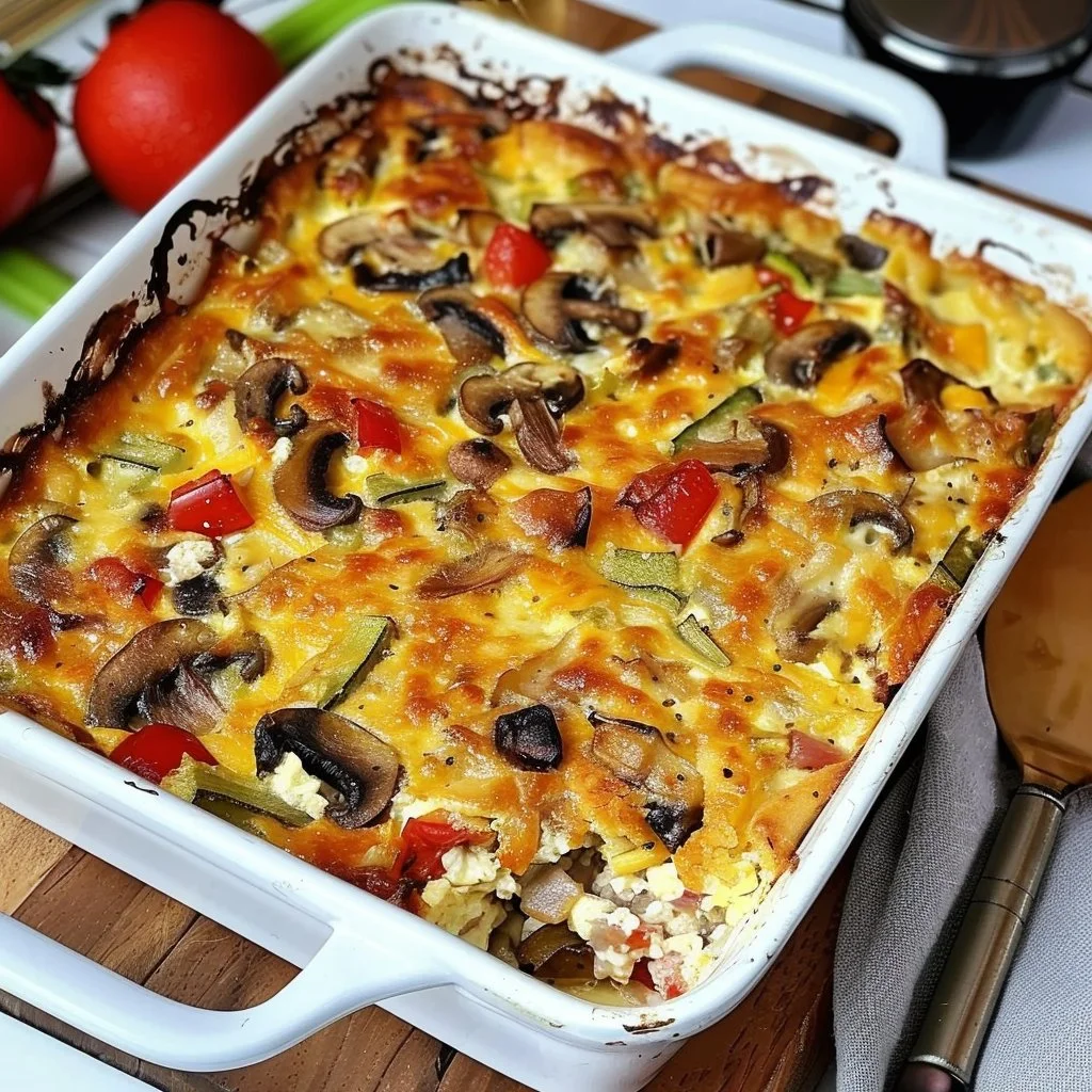 Mushroom and veggies cottage cheese breakfast bake in a baking dish