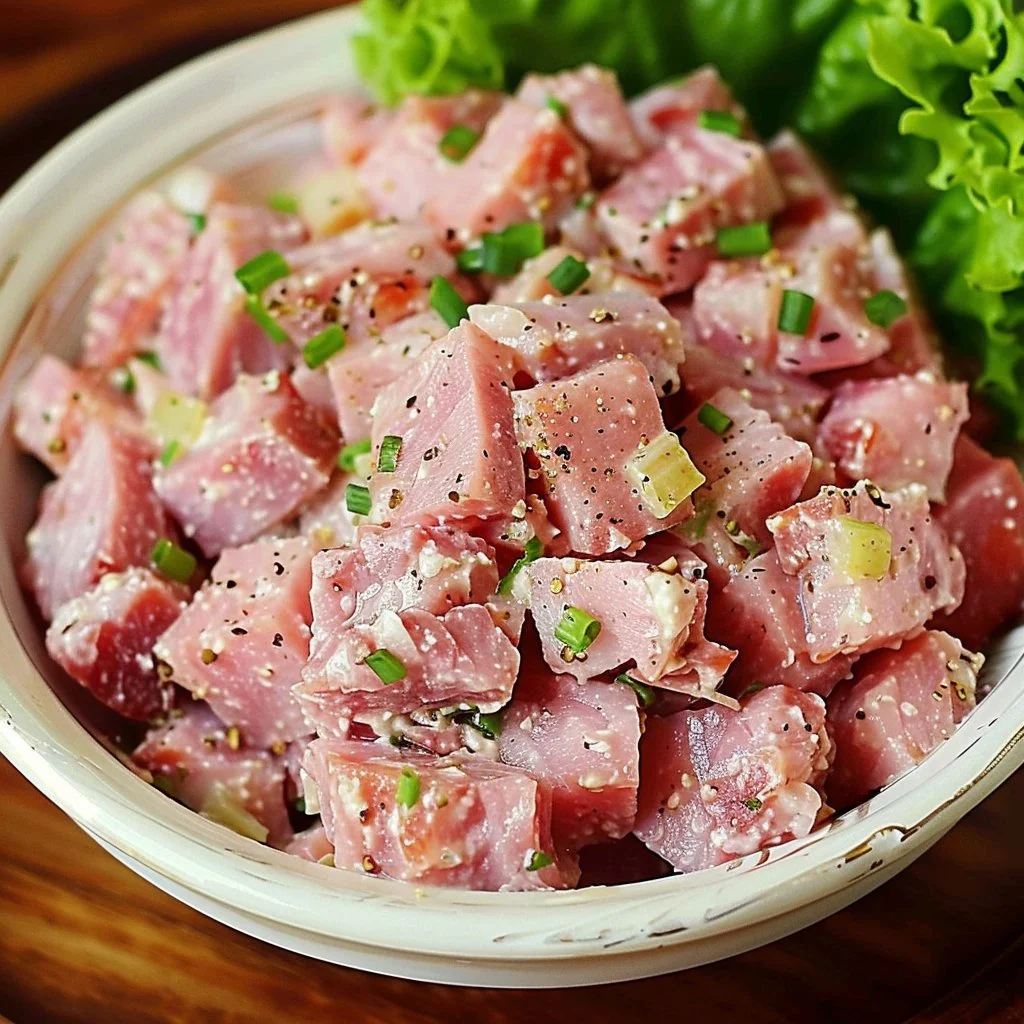Old fashioned deviled ham salad served in a bowl with crackers.