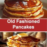 Stack of fluffy old fashioned pancakes topped with syrup and berries.