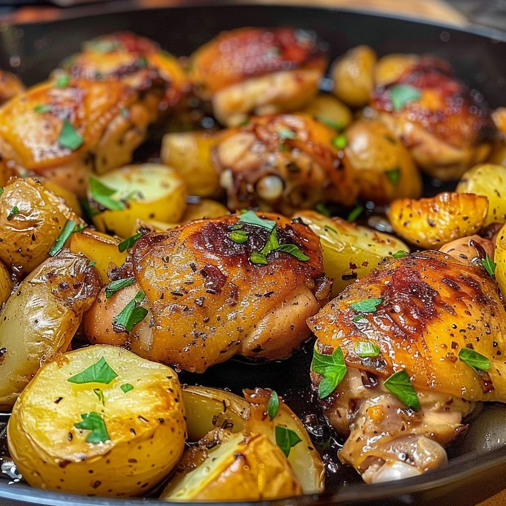 One pan chicken and potatoes dish served on a plate