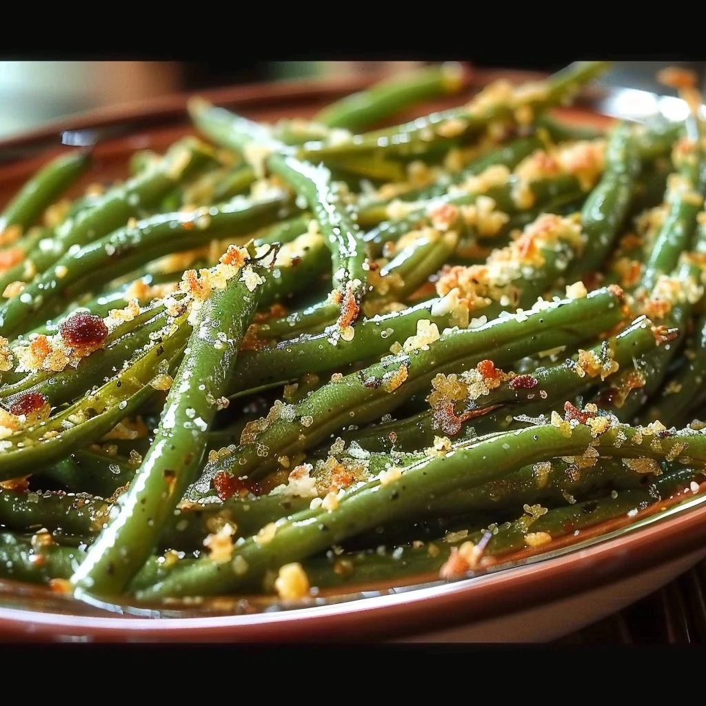 Plate of Parmesan roasted green beans garnished with herbs