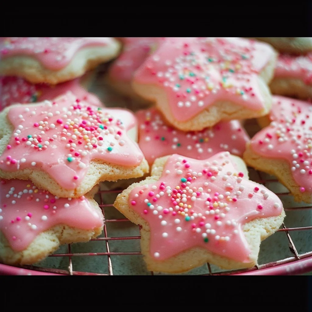 Delicious pink sugar cookies decorated with sprinkles on a white plate