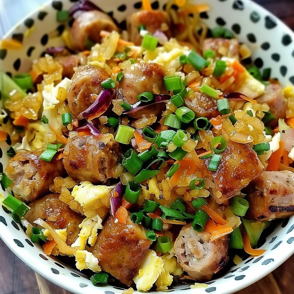 Delicious sausage egg roll in a bowl served with vegetables and sauces