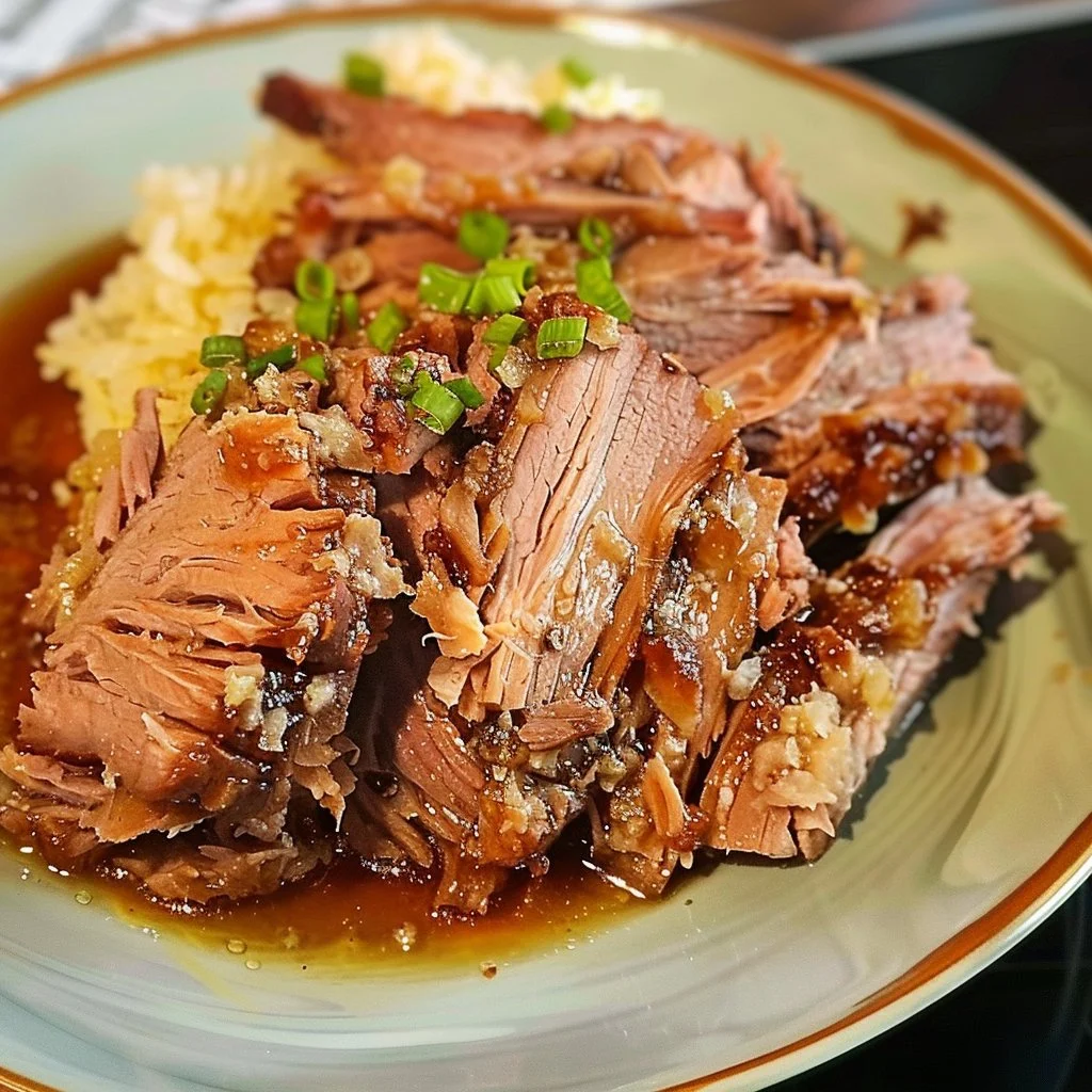 Delicious slow cooker brown sugar pork served with vegetables