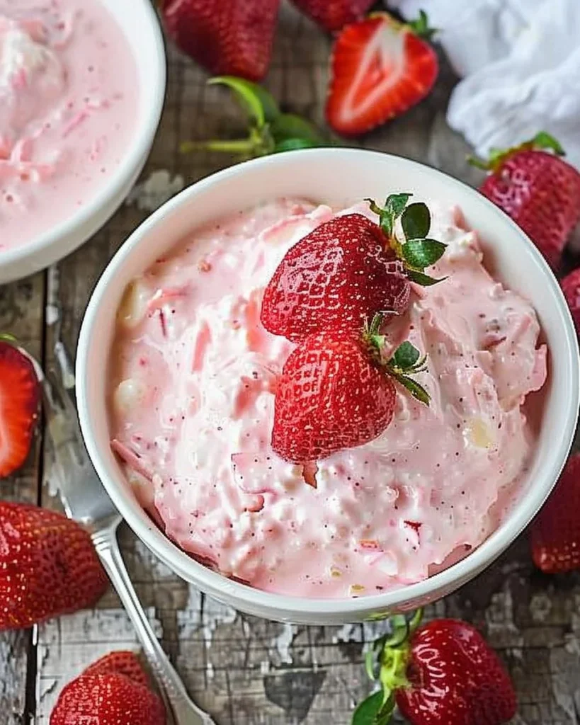 Bowl of Strawberry Fluff Dessert Salad with fresh strawberries and whipped cream