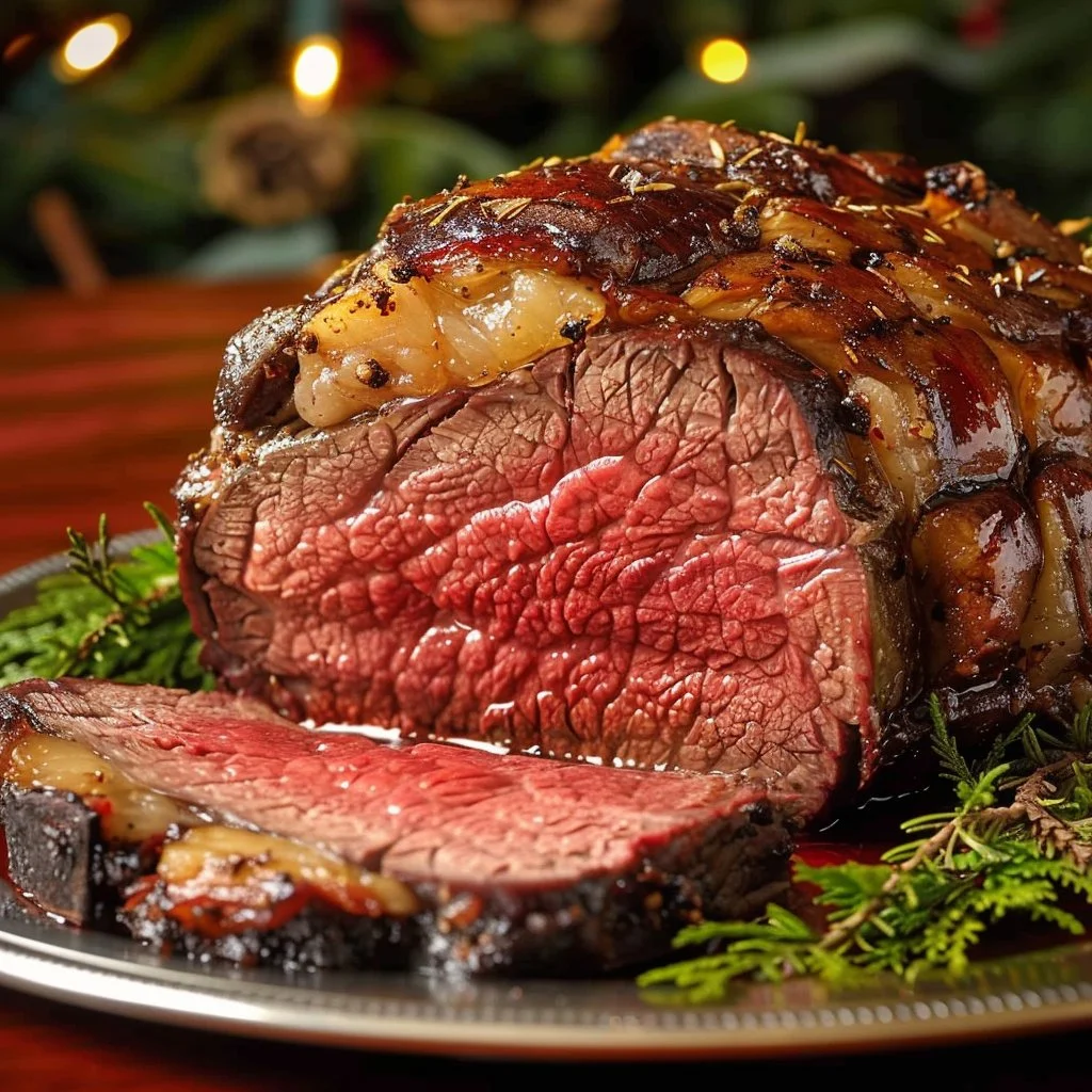Perfectly cooked holiday Prime Rib served with festive sides