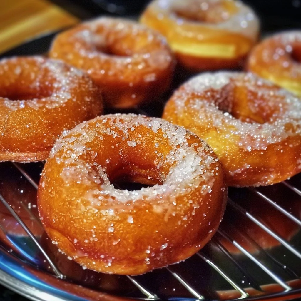 Freshly made Air Fryer Donuts topped with glaze and sprinkles