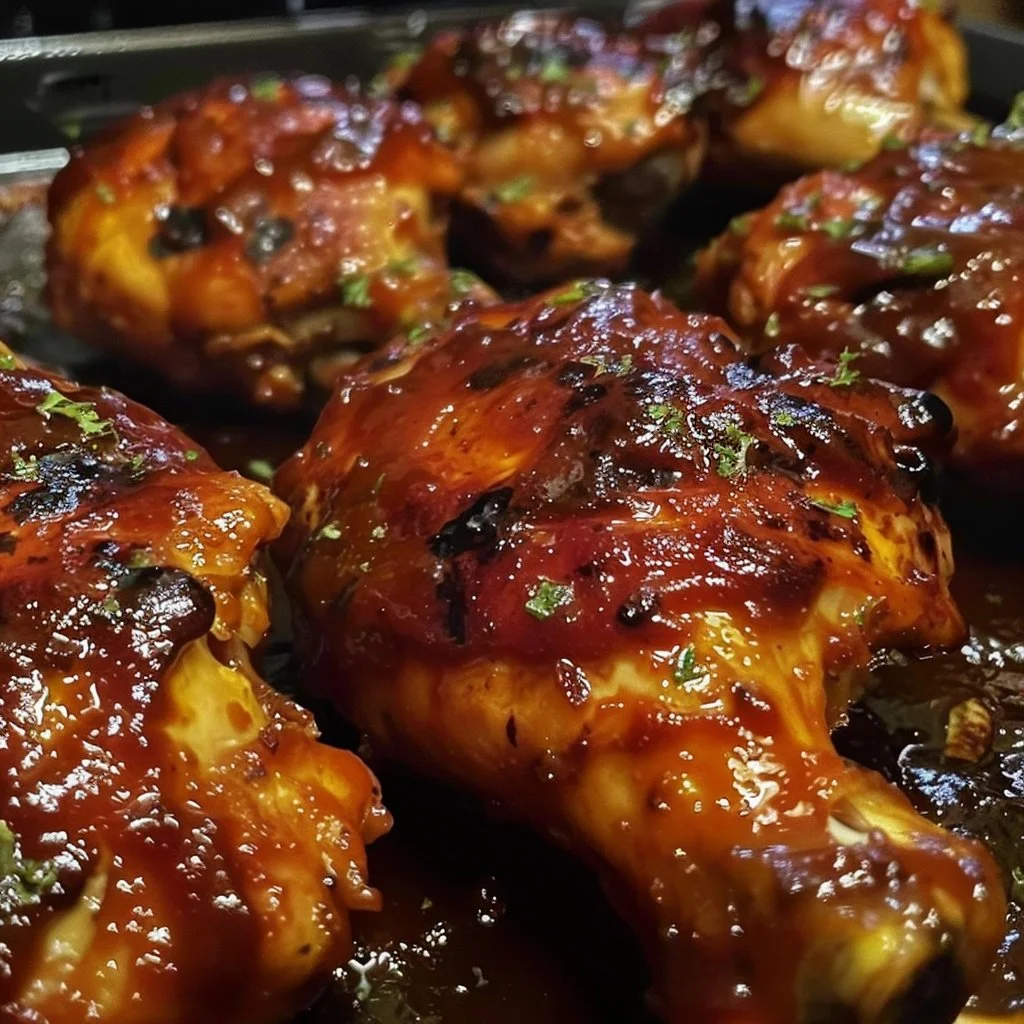 BBQ Chicken cooked in a crockpot with sauce and herbs