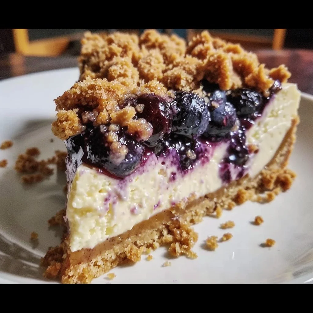 Blueberry crumble cheesecake topped with fresh blueberries and a crumbly topping.